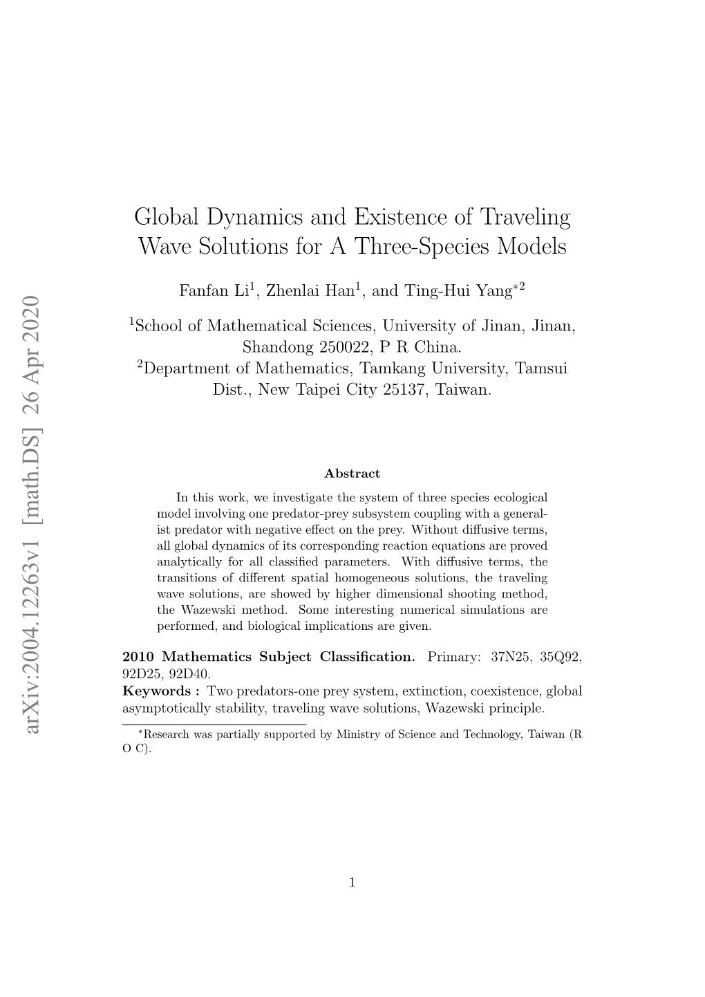 Global Dynamics and Existence of Traveling Wave Solutions for a Three-Species Models