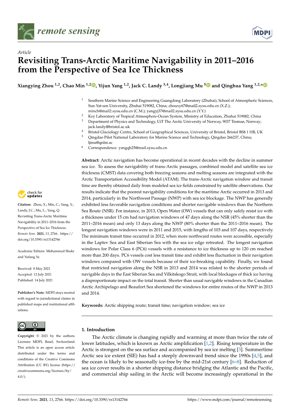 Revisiting Trans-Arctic Maritime Navigability in 2011–2016 from the Perspective of Sea Ice Thickness