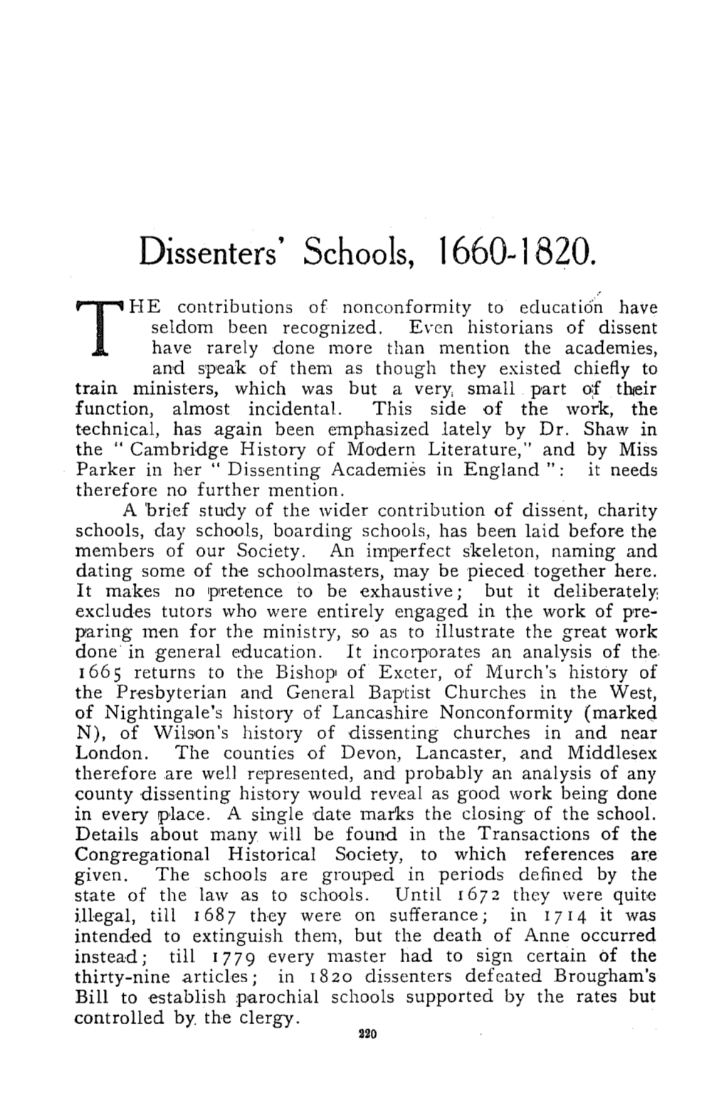 Dissenters' Schools, 1660-1820