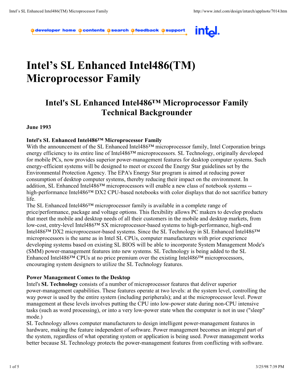 Intel's SL Enhanced Intel486(TM) Microprocessor Family