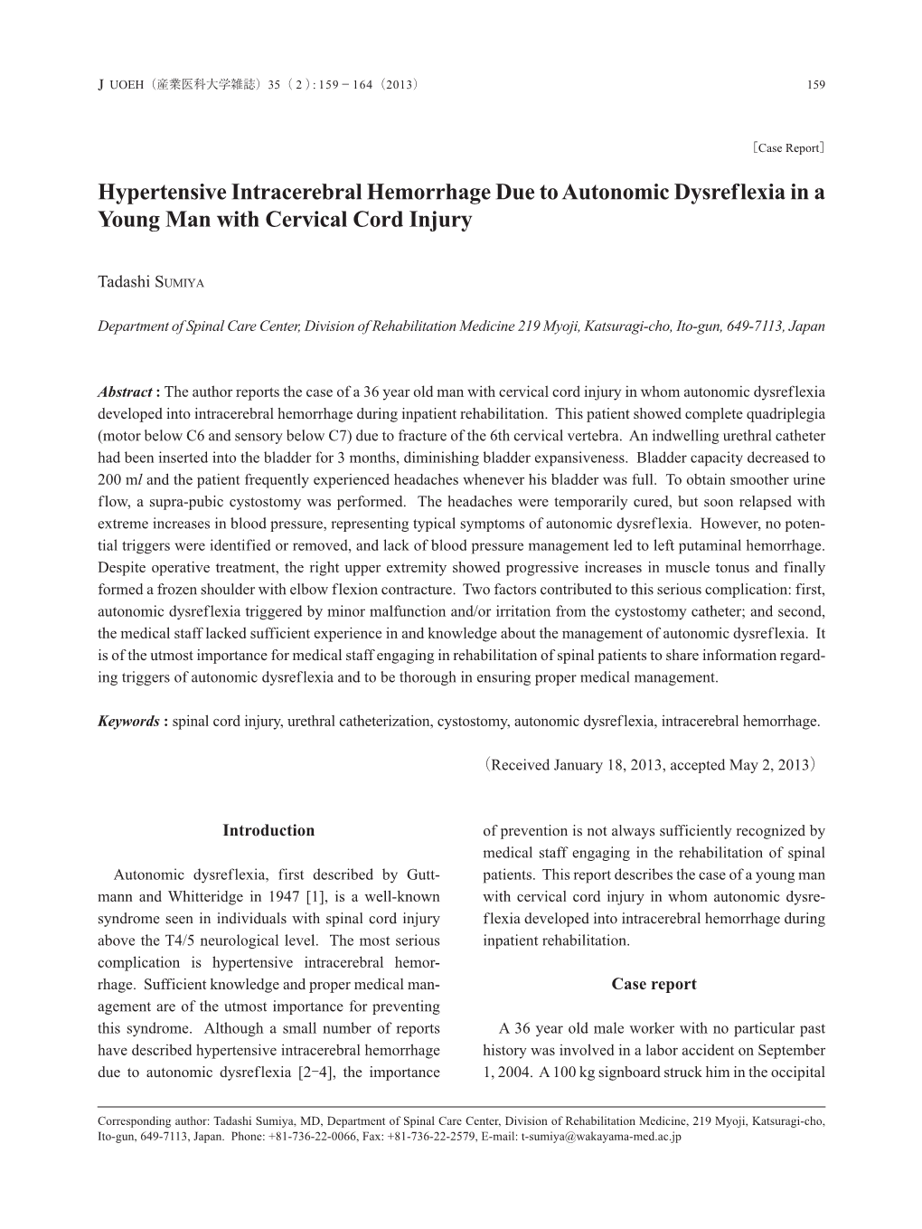 Hypertensive Intracerebral Hemorrhage Due to Autonomic Dysreflexia in a Young Man with Cervical Cord Injury