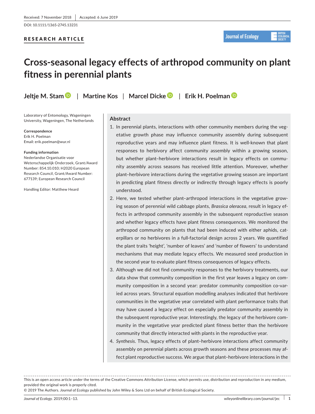 Seasonal Legacy Effects of Arthropod Community on Plant Fitness in Perennial Plants