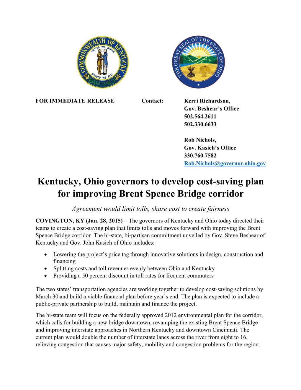 Kentucky, Ohio Governors to Develop Cost-Saving Plan for Improving Brent Spence Bridge Corridor
