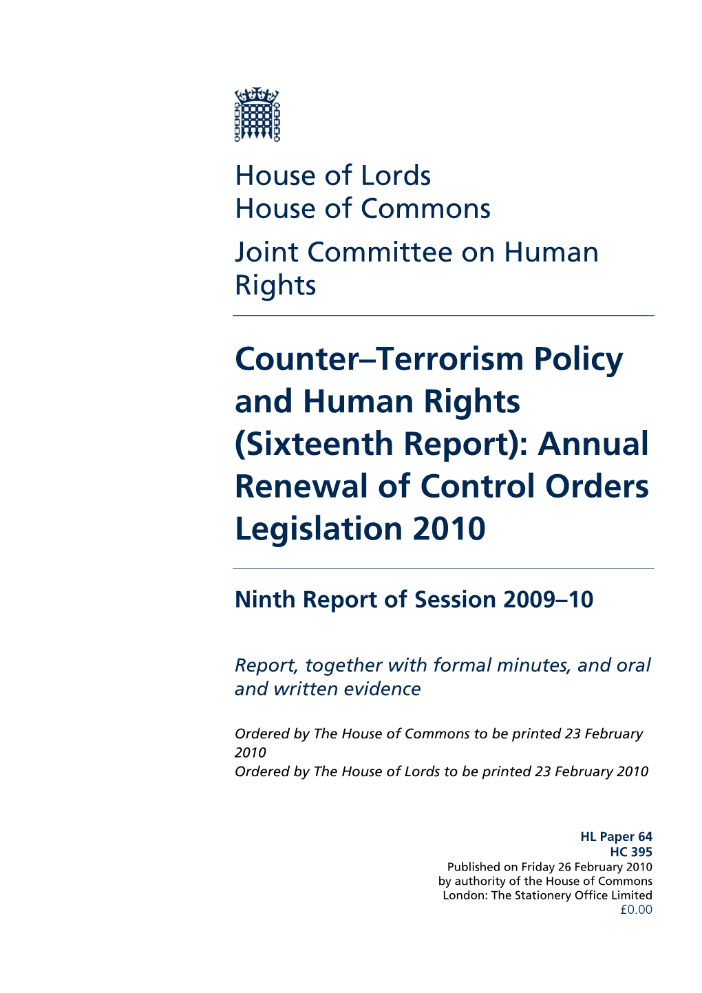 Annual Renewal of Control Orders Legislation 2010