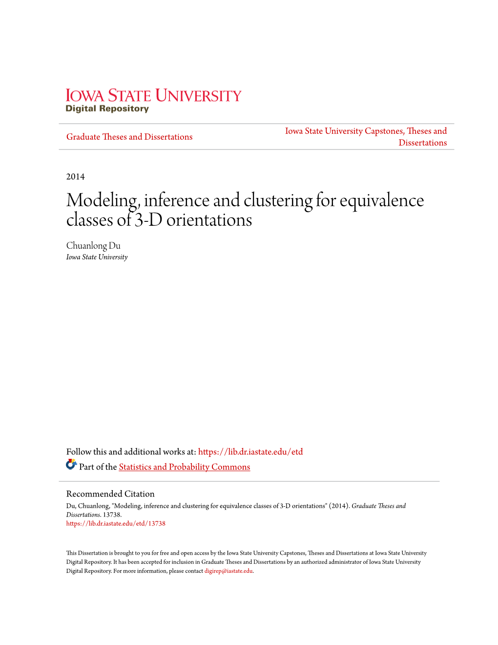 Modeling, Inference and Clustering for Equivalence Classes of 3-D Orientations Chuanlong Du Iowa State University