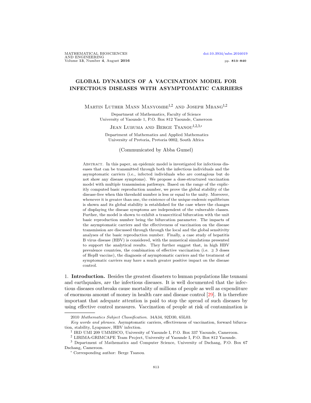 Global Dynamics of a Vaccination Model for Infectious Diseases with Asymptomatic Carriers