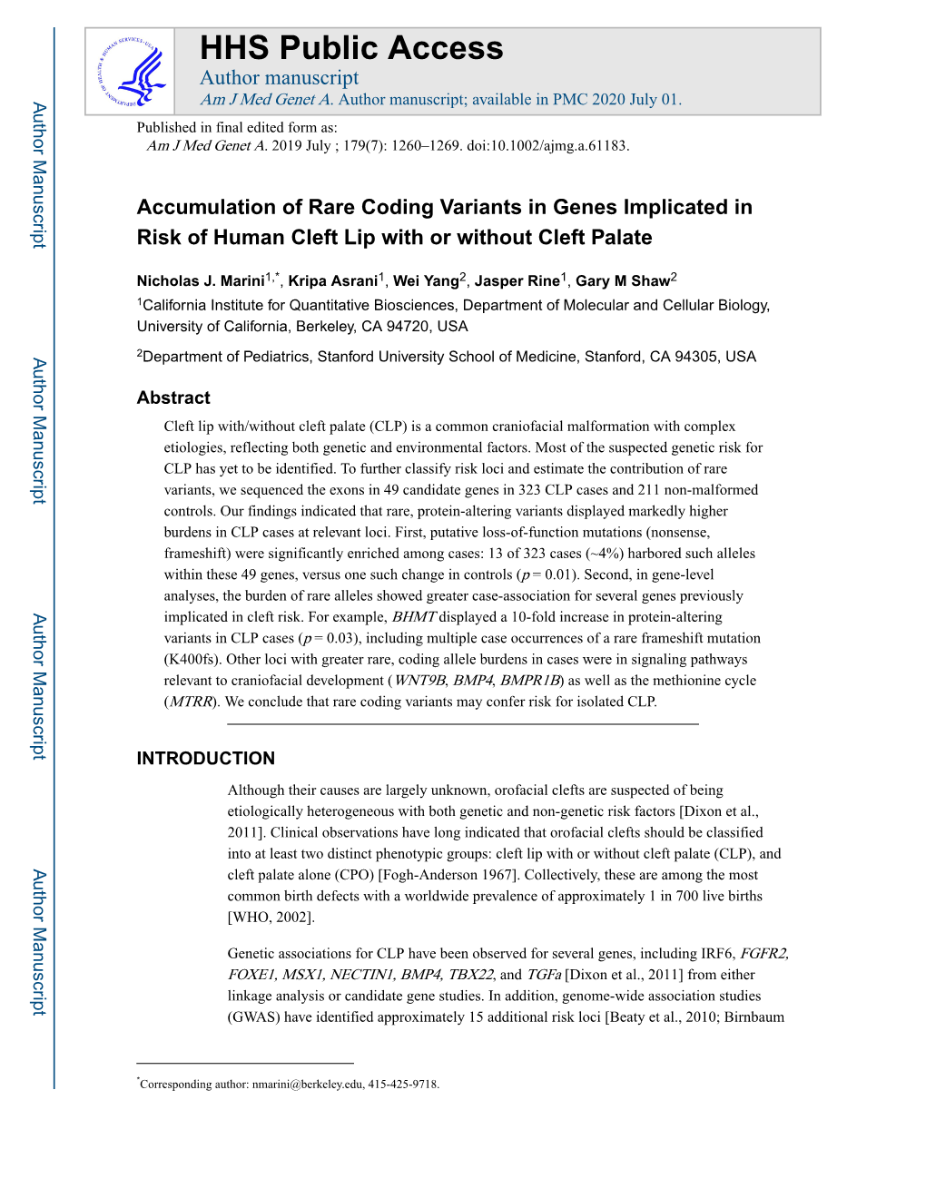 Accumulation of Rare Coding Variants in Genes Implicated in Risk of Human Cleft Lip with Or Without Cleft Palate