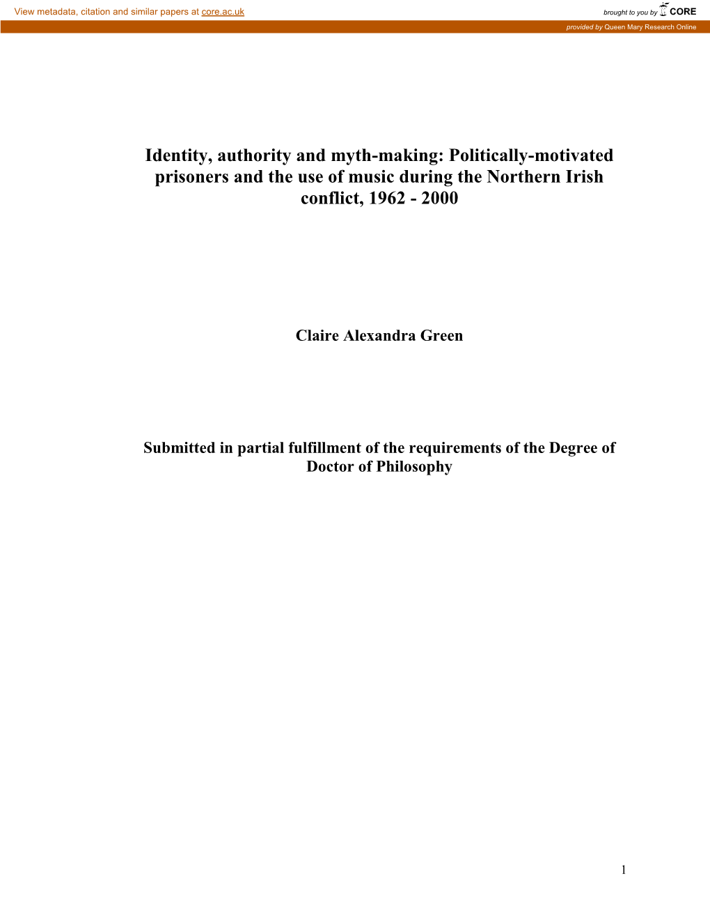 Identity, Authority and Myth-Making: Politically-Motivated Prisoners and the Use of Music During the Northern Irish Conflict, 1962 - 2000