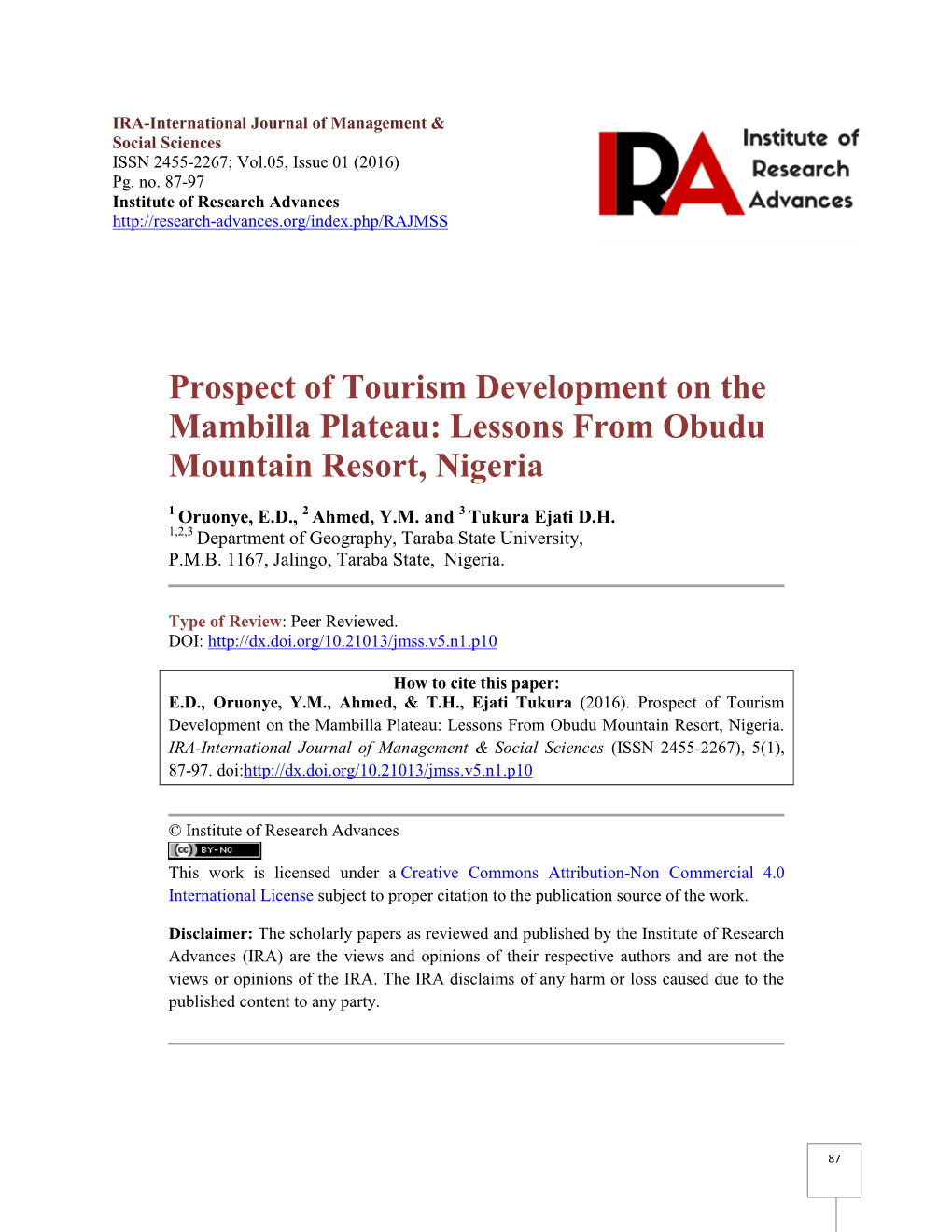 Prospect of Tourism Development on the Mambilla Plateau: Lessons from Obudu Mountain Resort, Nigeria