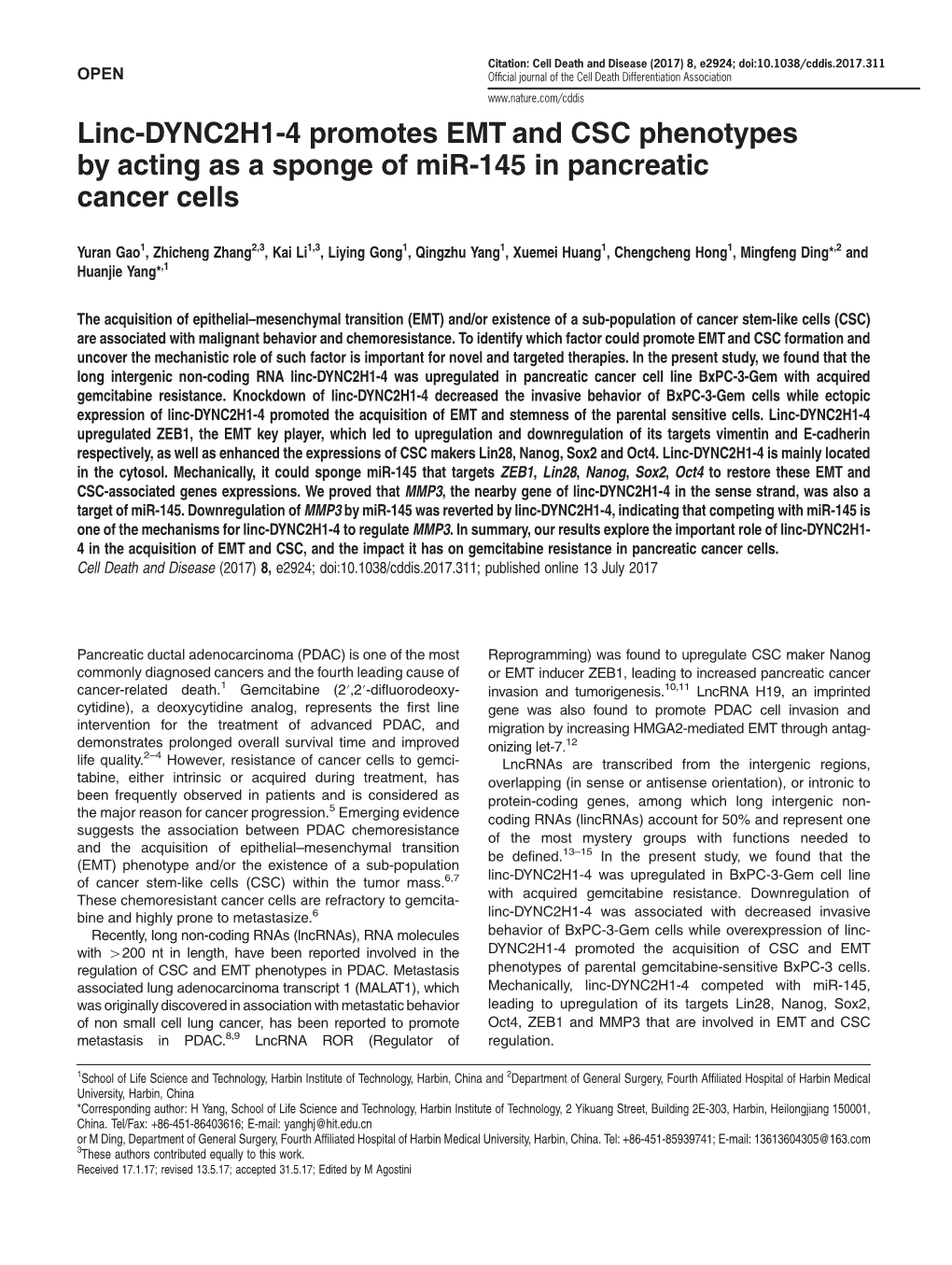 Linc-DYNC2H1-4 Promotes EMT and CSC Phenotypes by Acting As a Sponge of Mir-145 in Pancreatic Cancer Cells