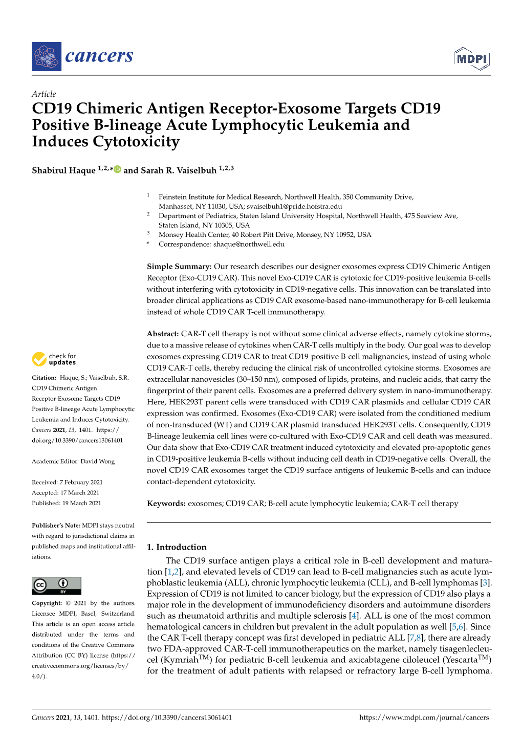 CD19 Chimeric Antigen Receptor-Exosome Targets CD19 Positive B-Lineage Acute Lymphocytic Leukemia and Induces Cytotoxicity