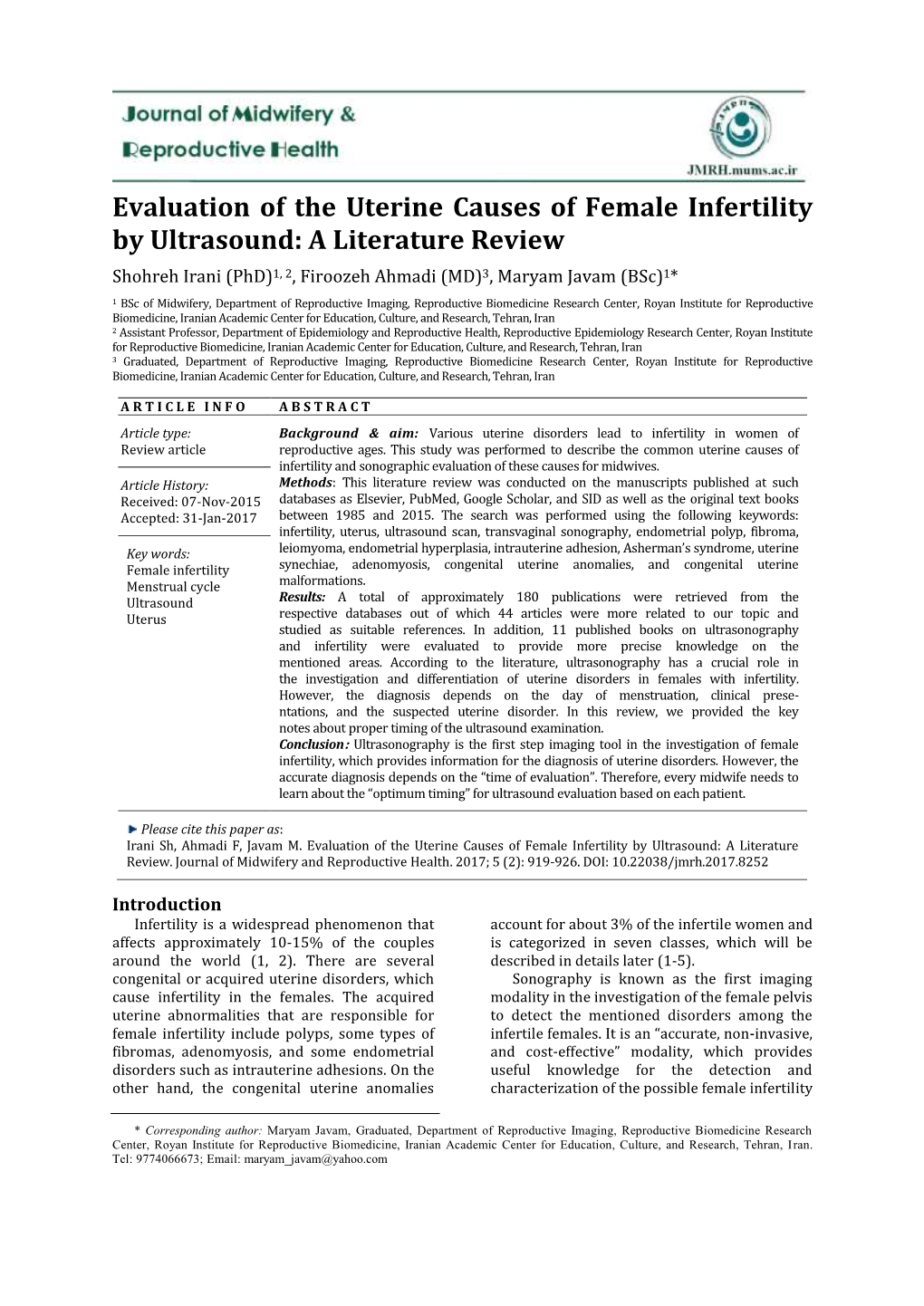 Evaluation of the Uterine Causes of Female Infertility by Ultrasound: A