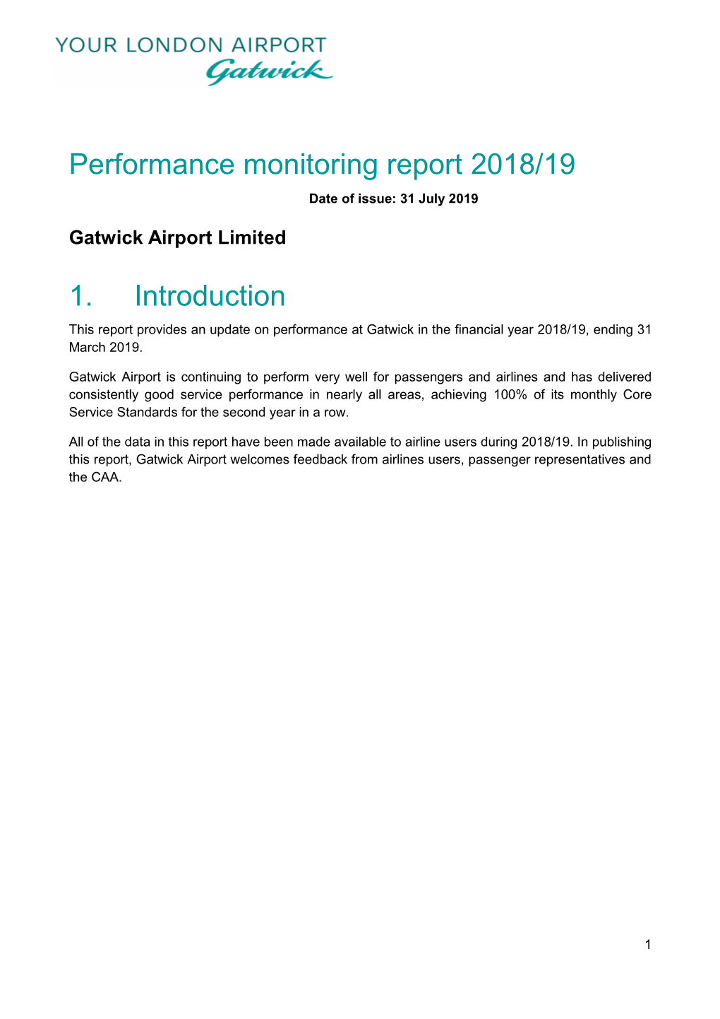 Performance Monitoring Report 2018/19 Date of Issue: 31 July 2019