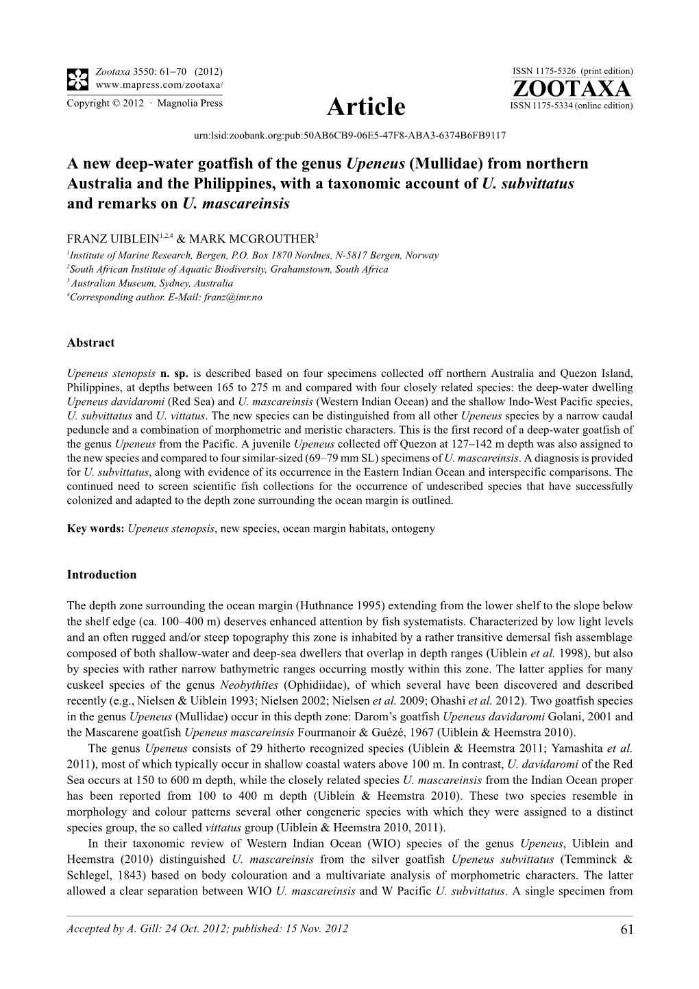 A New Deep-Water Goatfish of the Genus Upeneus (Mullidae) from Northern Australia and the Philippines, with a Taxonomic Account of U