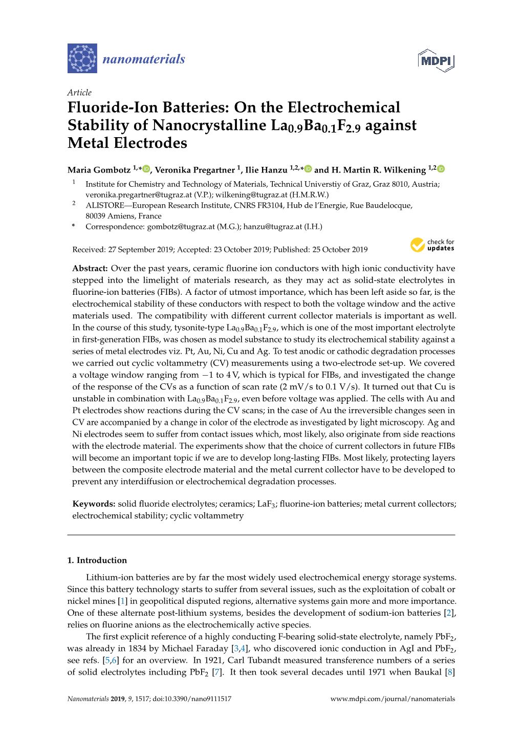 On the Electrochemical Stability of Nanocrystalline La0.9Ba0.1F2.9 Against Metal Electrodes