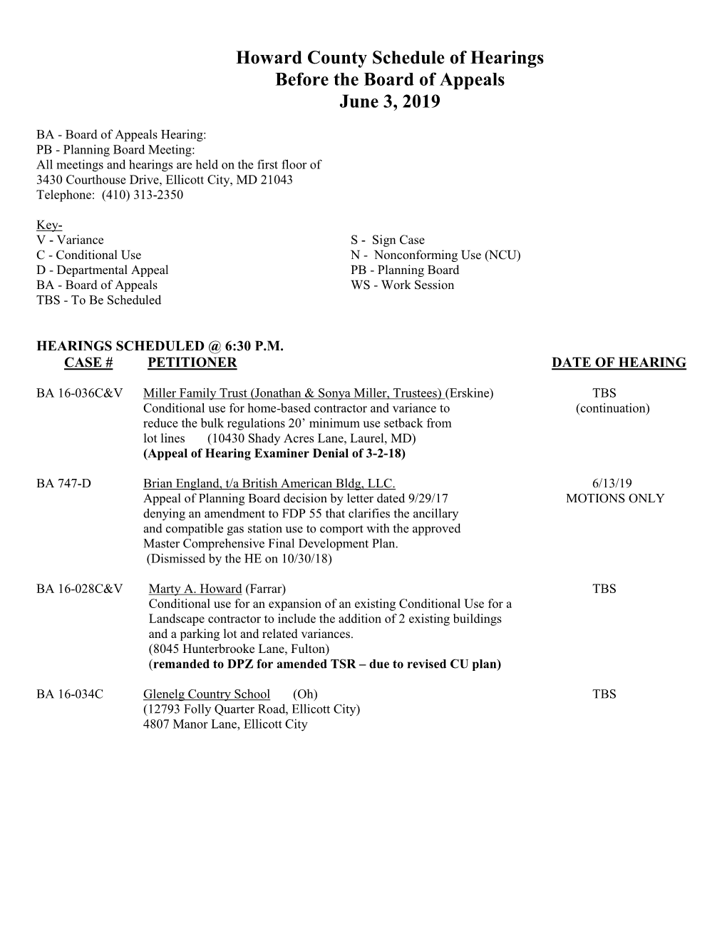 Howard County Schedule of Hearings Before the Board of Appeals June 3, 2019
