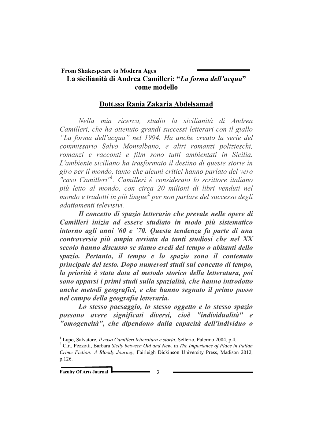 La Sicilianità Di Andrea Camilleri: “La Forma Dell‟Acqua” Come Modello Dott.Ssa Rania Zakaria Abdelsamad Nella Mia Ricerc