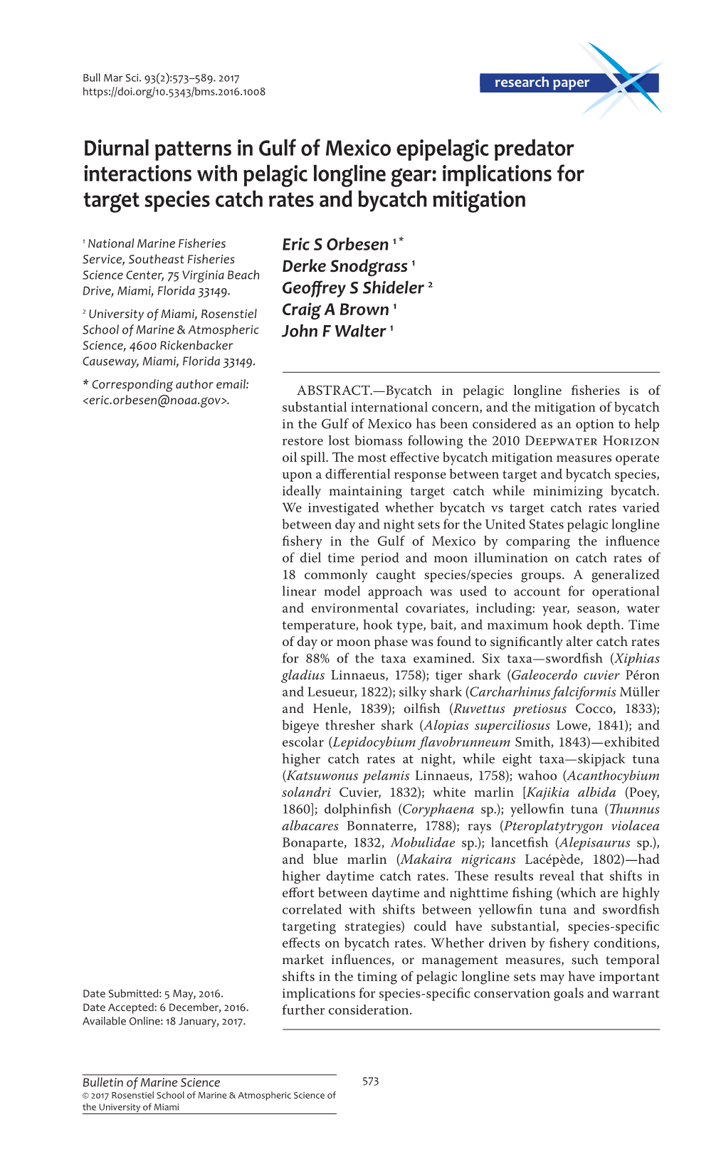 Diurnal Patterns in Gulf of Mexico Epipelagic Predator Interactions with Pelagic Longline Gear: Implications for Target Species Catch Rates and Bycatch Mitigation