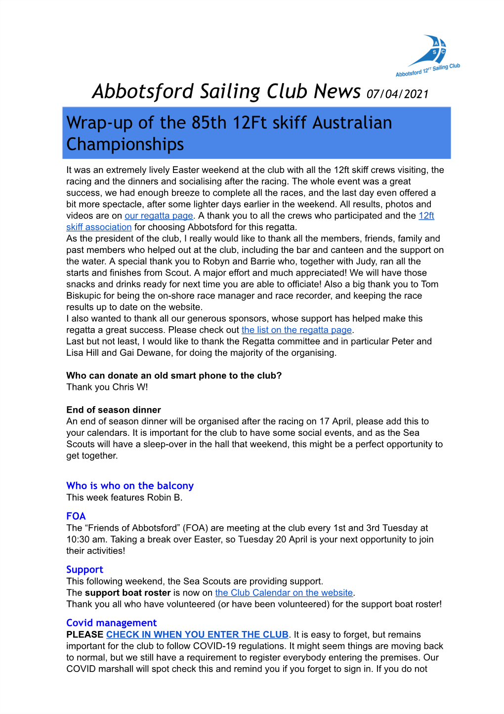 Abbotsford Sailing Club News 0 7/04/2021 Wrap-Up of the 85Th 12Ft Skiff Australian Championships