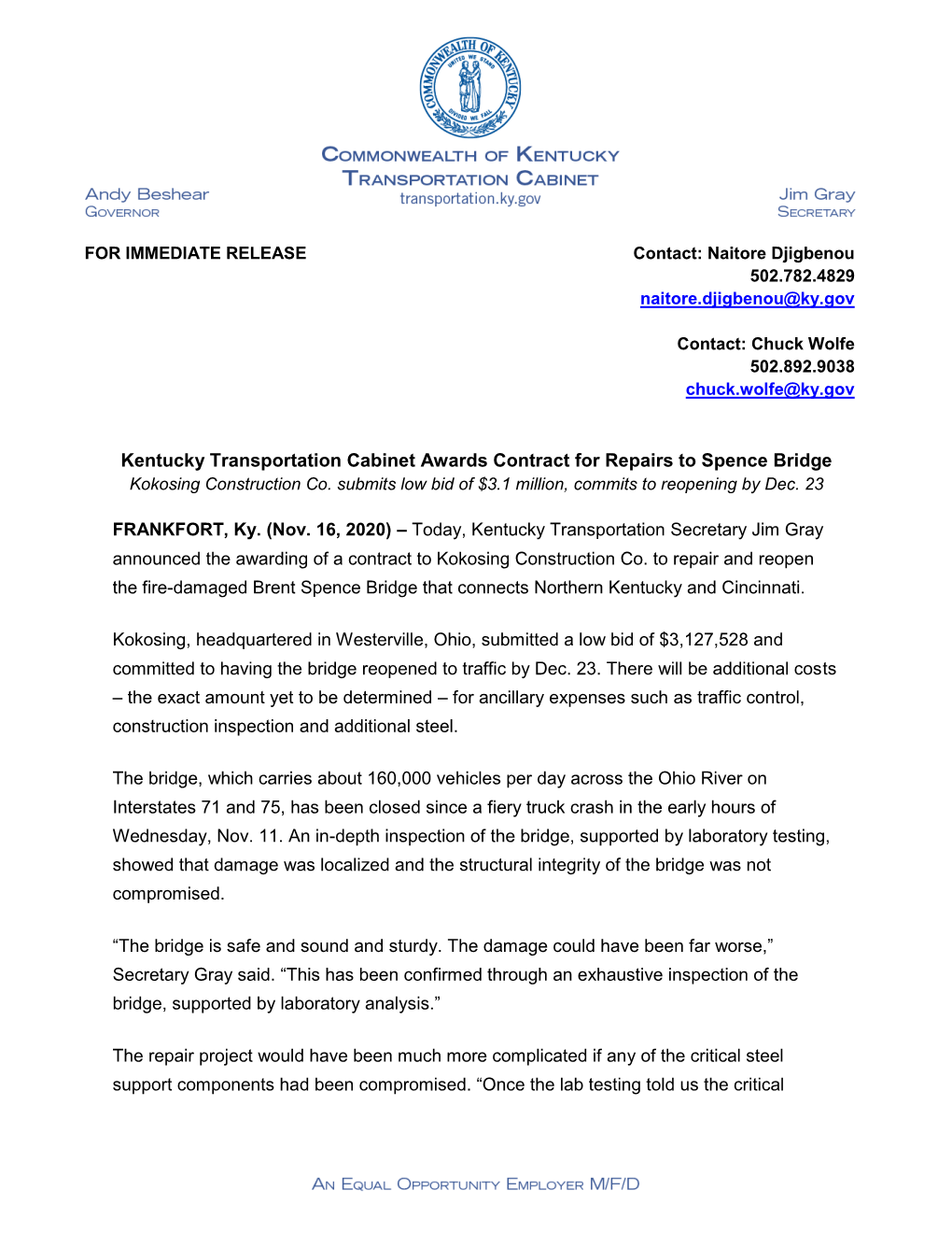 Contract for Repairs to Spence Bridge Kokosing Construction Co