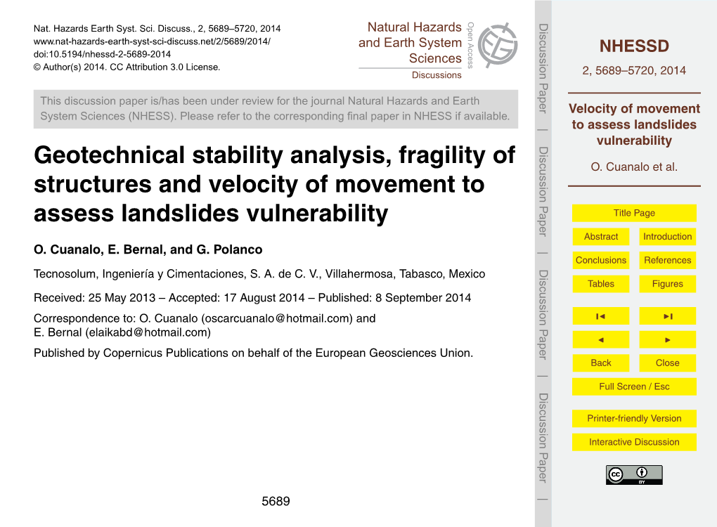 Velocity of Movement to Assess Landslides Vulnerability Title Page Abstract Introduction O