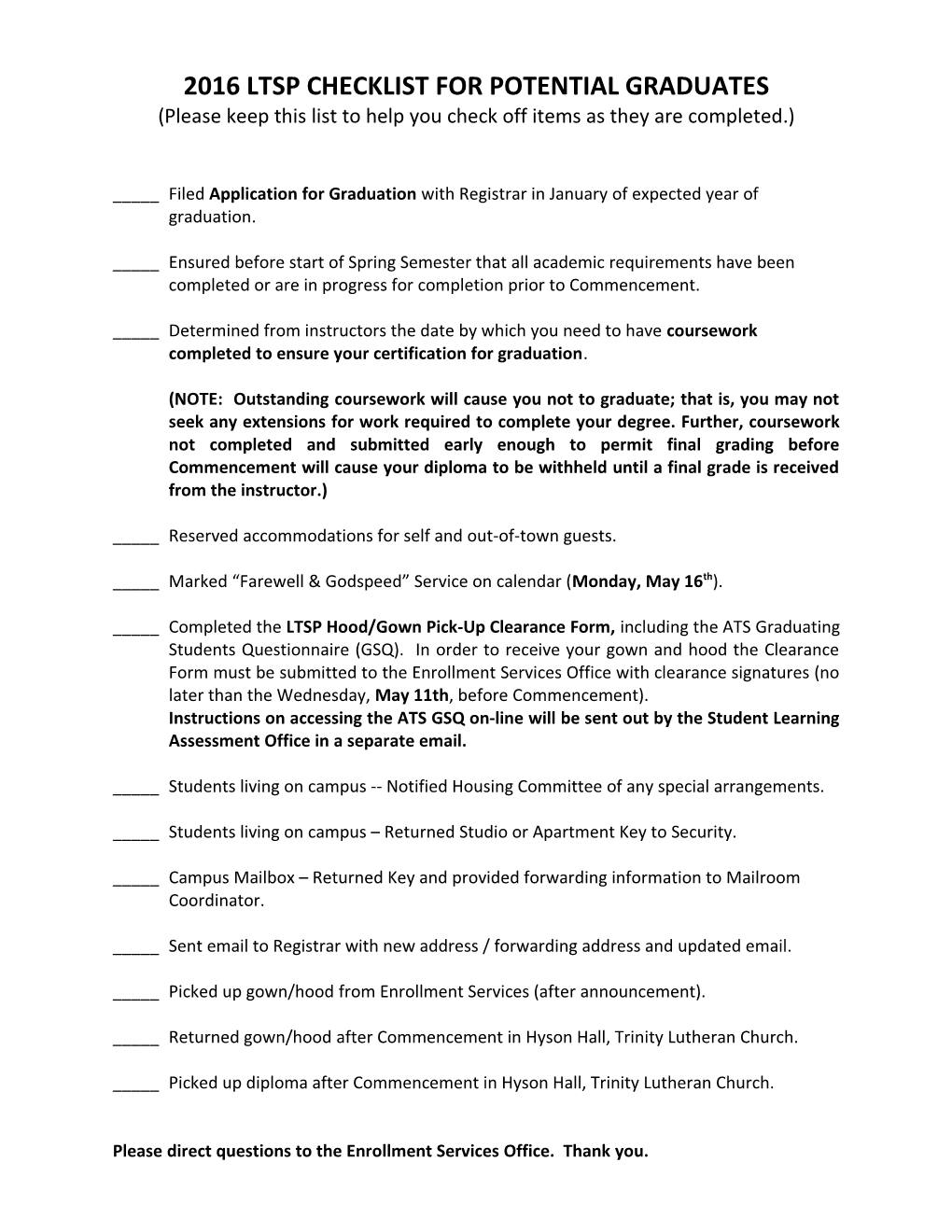 2016 Ltsp Checklist for Potential Graduates