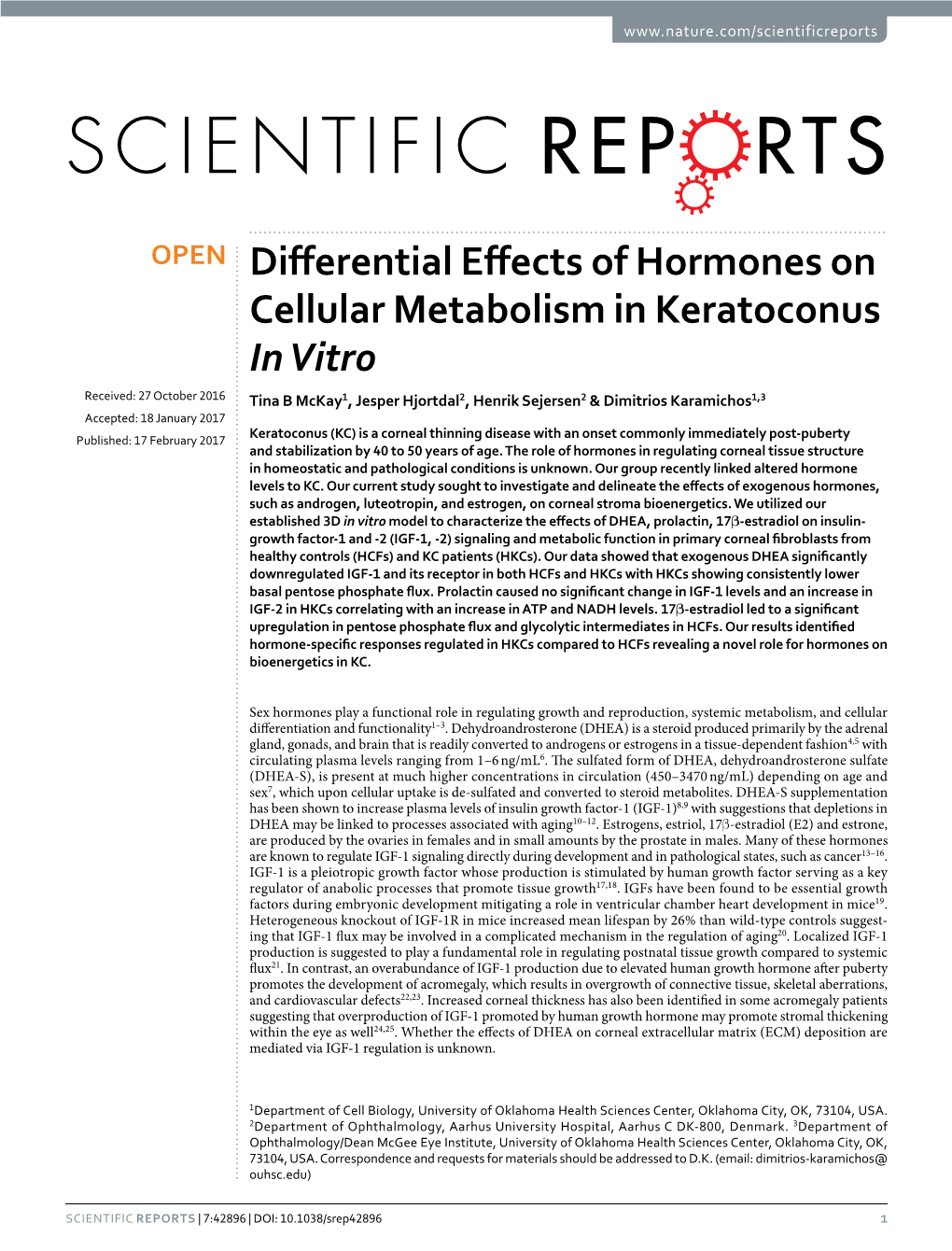 Differential Effects of Hormones on Cellular Metabolism in Keratoconus