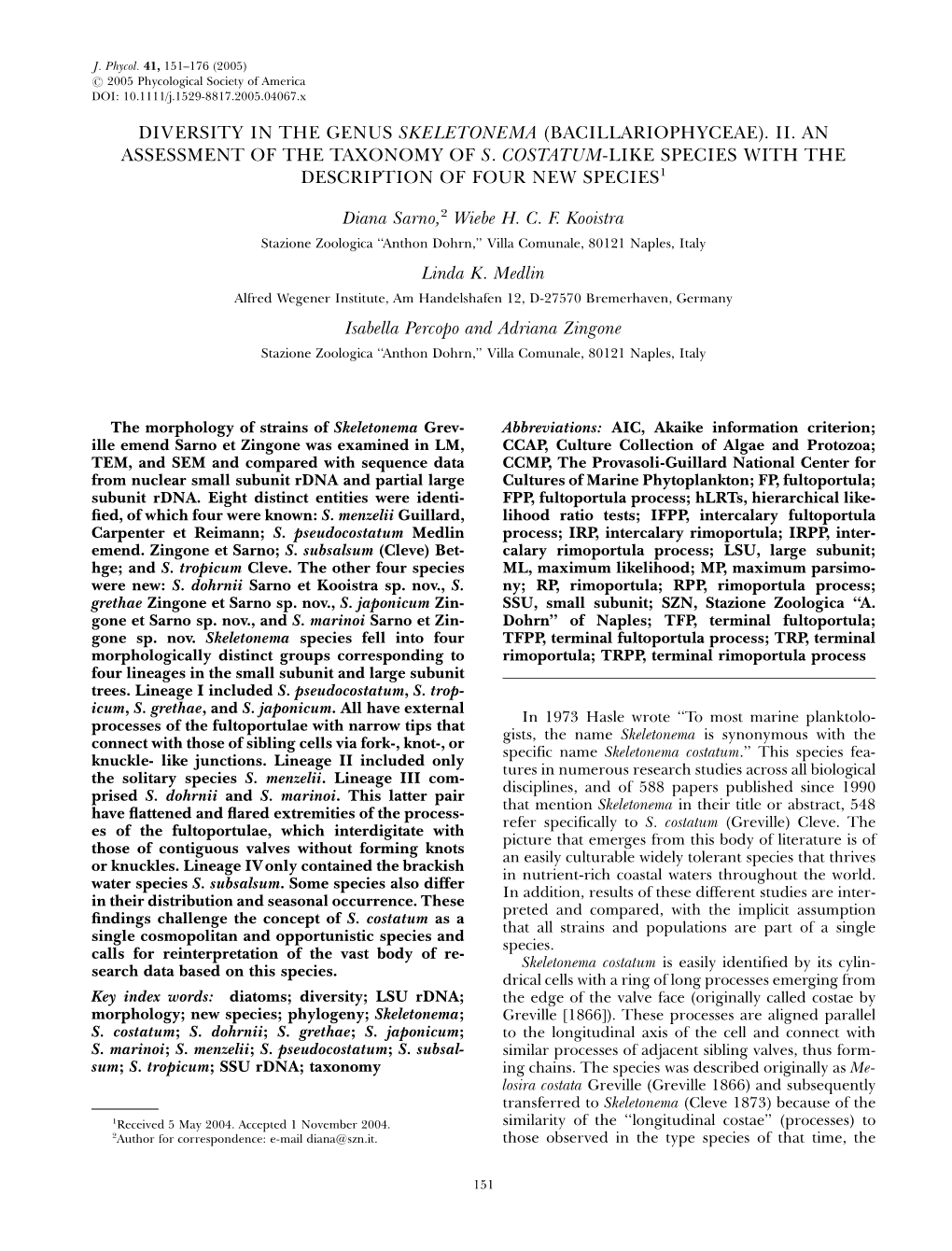 Diversity in the Genus Skeletonema (Bacillariophyceae). Ii. an Assessment of the Taxonomy of S. Costatum-Like Species with the Description of Four New Species1