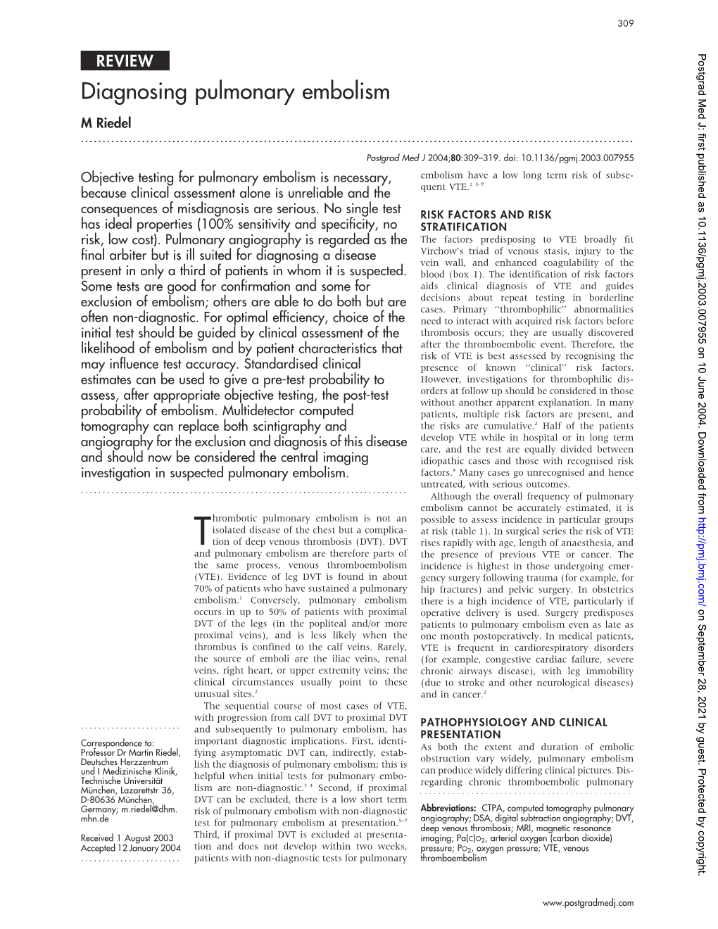 Diagnosing Pulmonary Embolism M Riedel