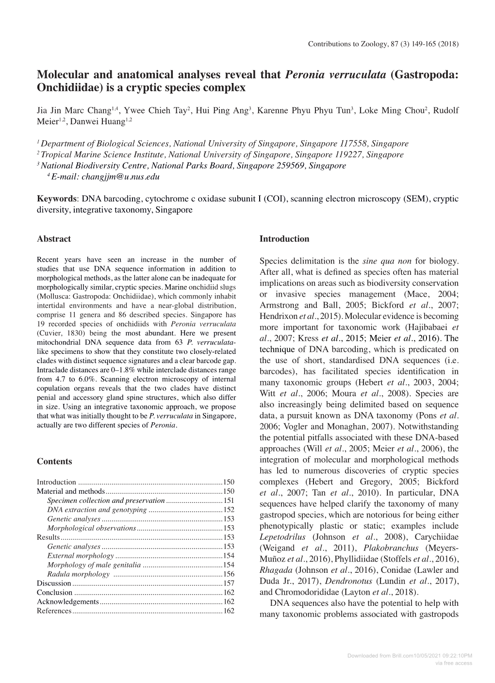 Molecular and Anatomical Analyses Reveal That Peronia Verruculata (Gastropoda: Onchidiidae) Is a Cryptic Species Complex