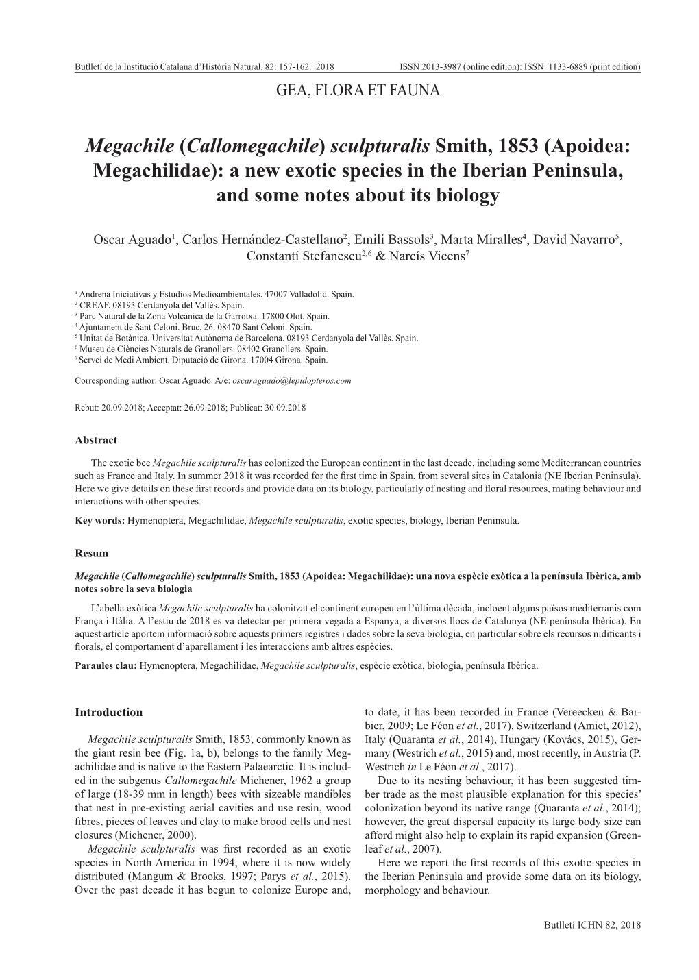 Megachile (Callomegachile) Sculpturalis Smith, 1853 (Apoidea: Megachilidae): a New Exotic Species in the Iberian Peninsula, and Some Notes About Its Biology