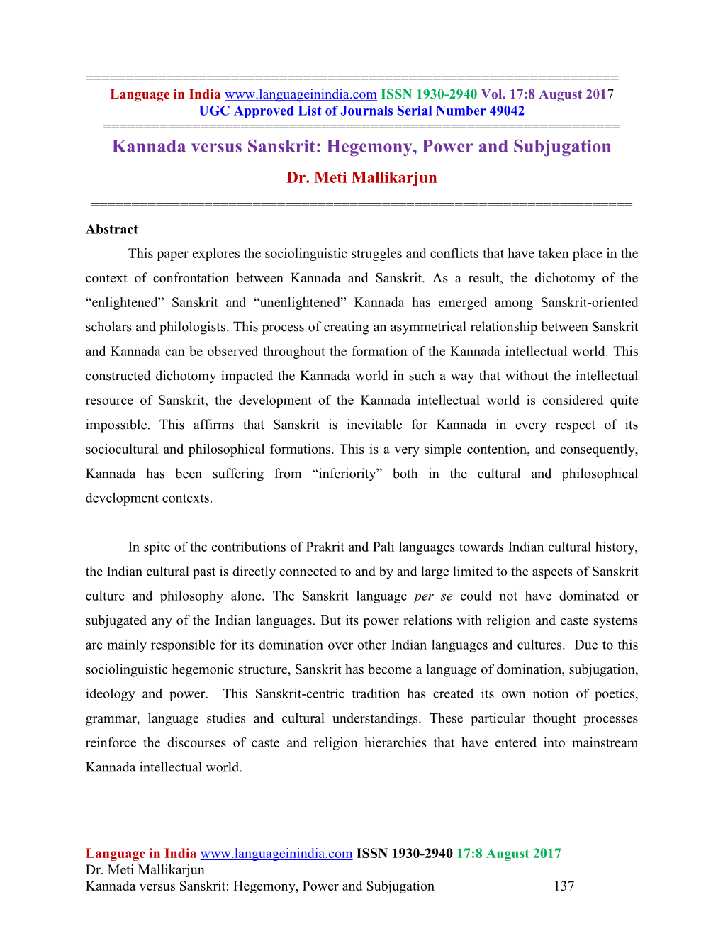 Kannada Versus Sanskrit: Hegemony, Power and Subjugation Dr