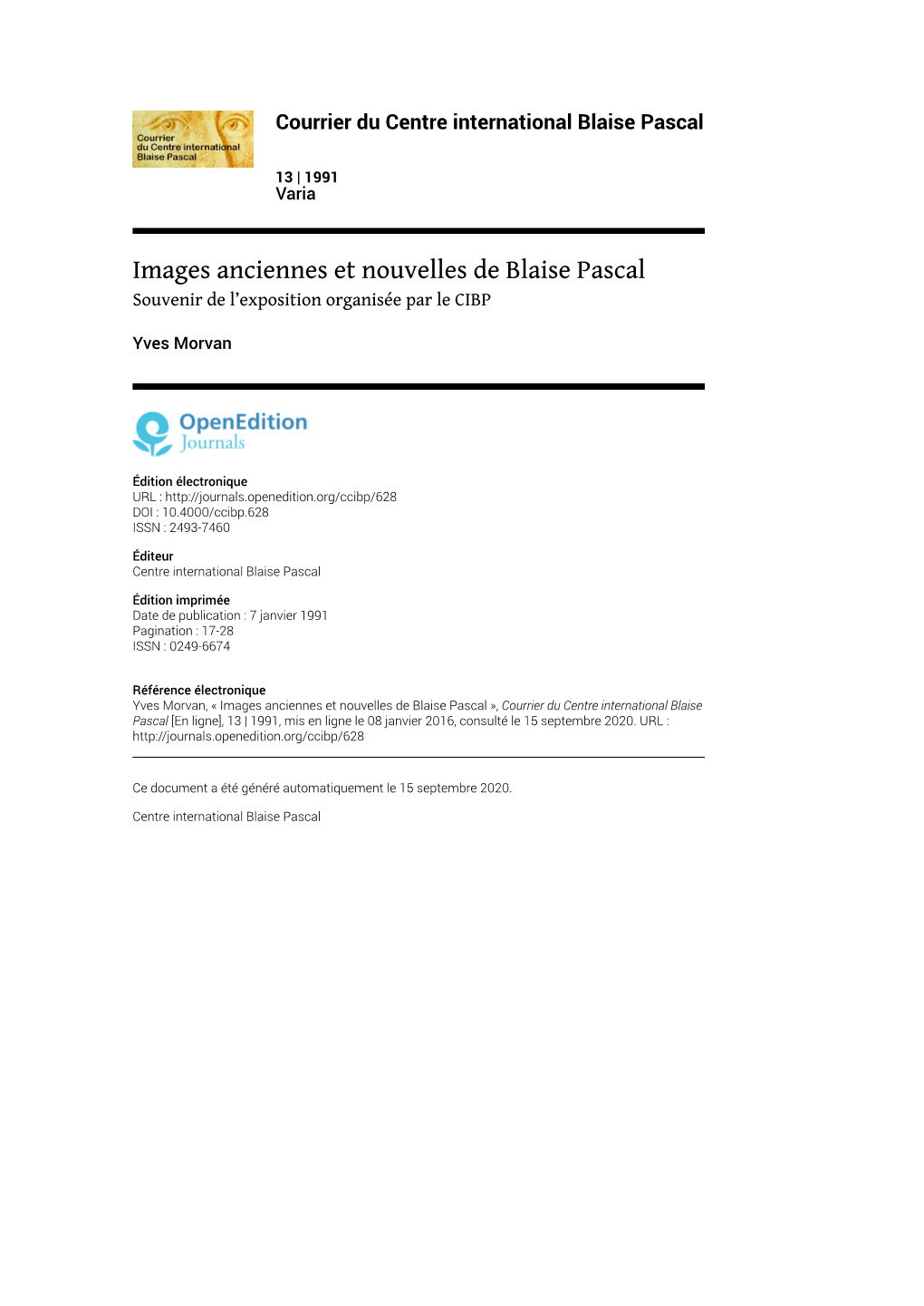 Courrier Du Centre International Blaise Pascal, 13 | 1991 Images Anciennes Et Nouvelles De Blaise Pascal 2