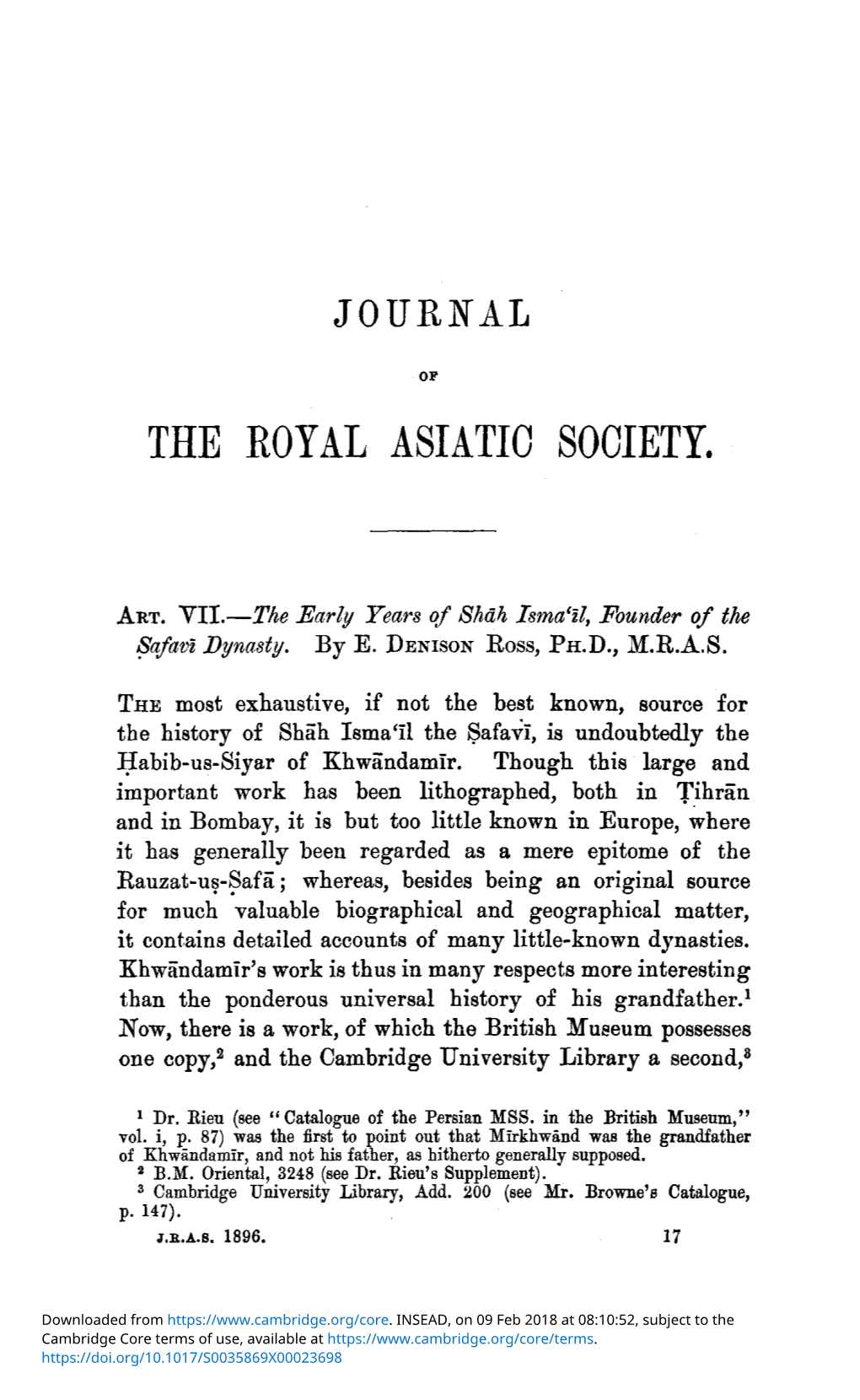 Art. VII.— the Early Years of Shāh Isma'īl, Founder of the Ṣafavī Dynasty