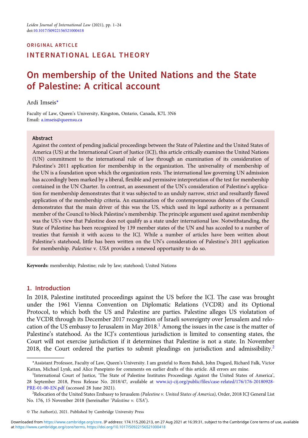 On Membership of the United Nations and the State of Palestine: a Critical Account