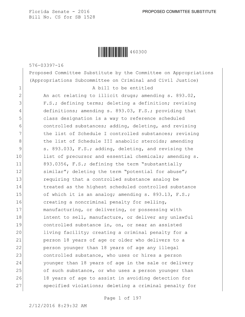 2016 Bill No. CS for SB 1528 Ì460300XÎ460300