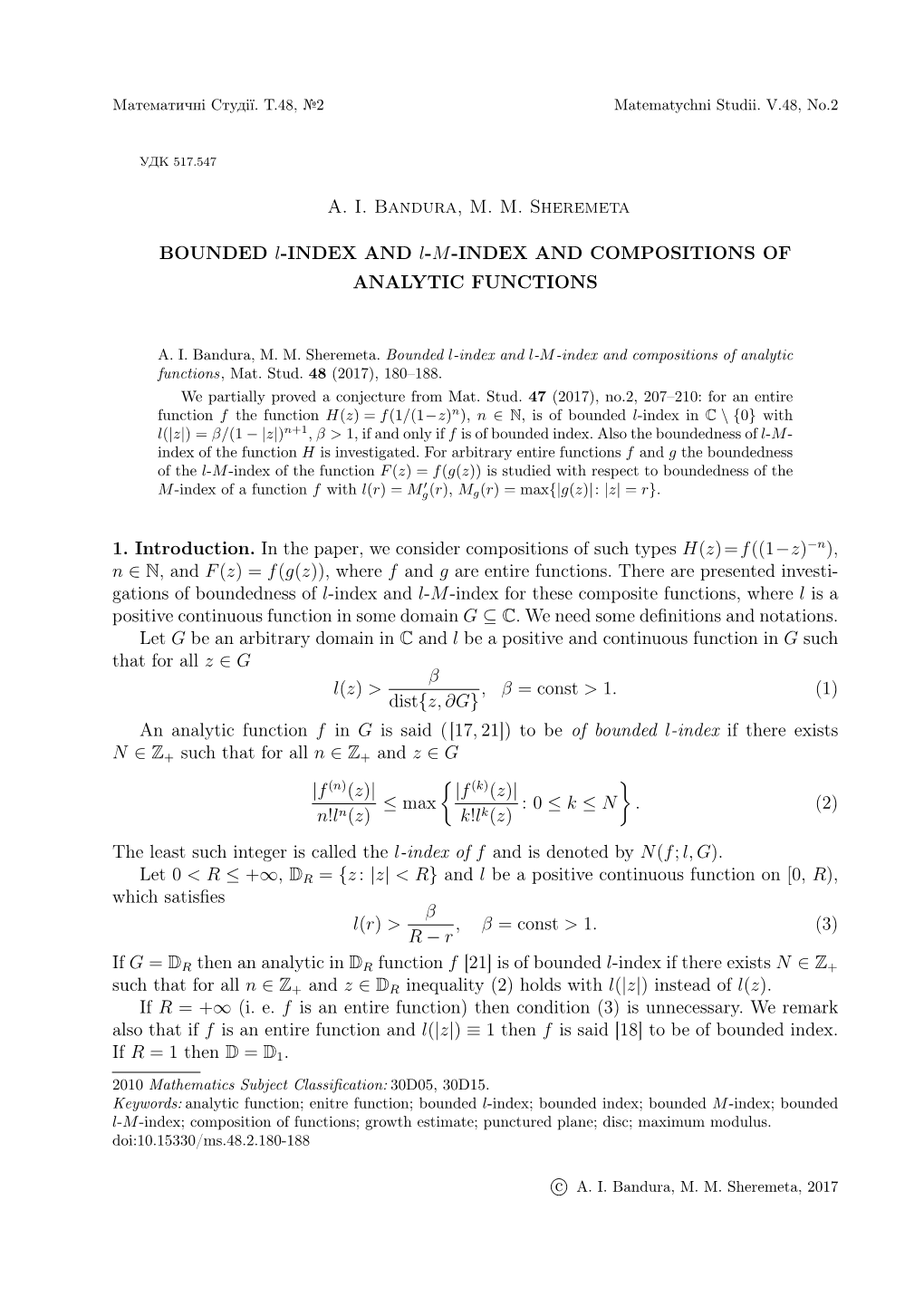 A. I. Bandura, M. M. Sheremeta BOUNDED L-INDEX and L-M