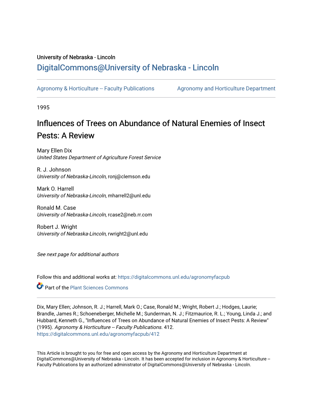 Influences of Trees on Abundance of Natural Enemies of Insect Pests: a Review*