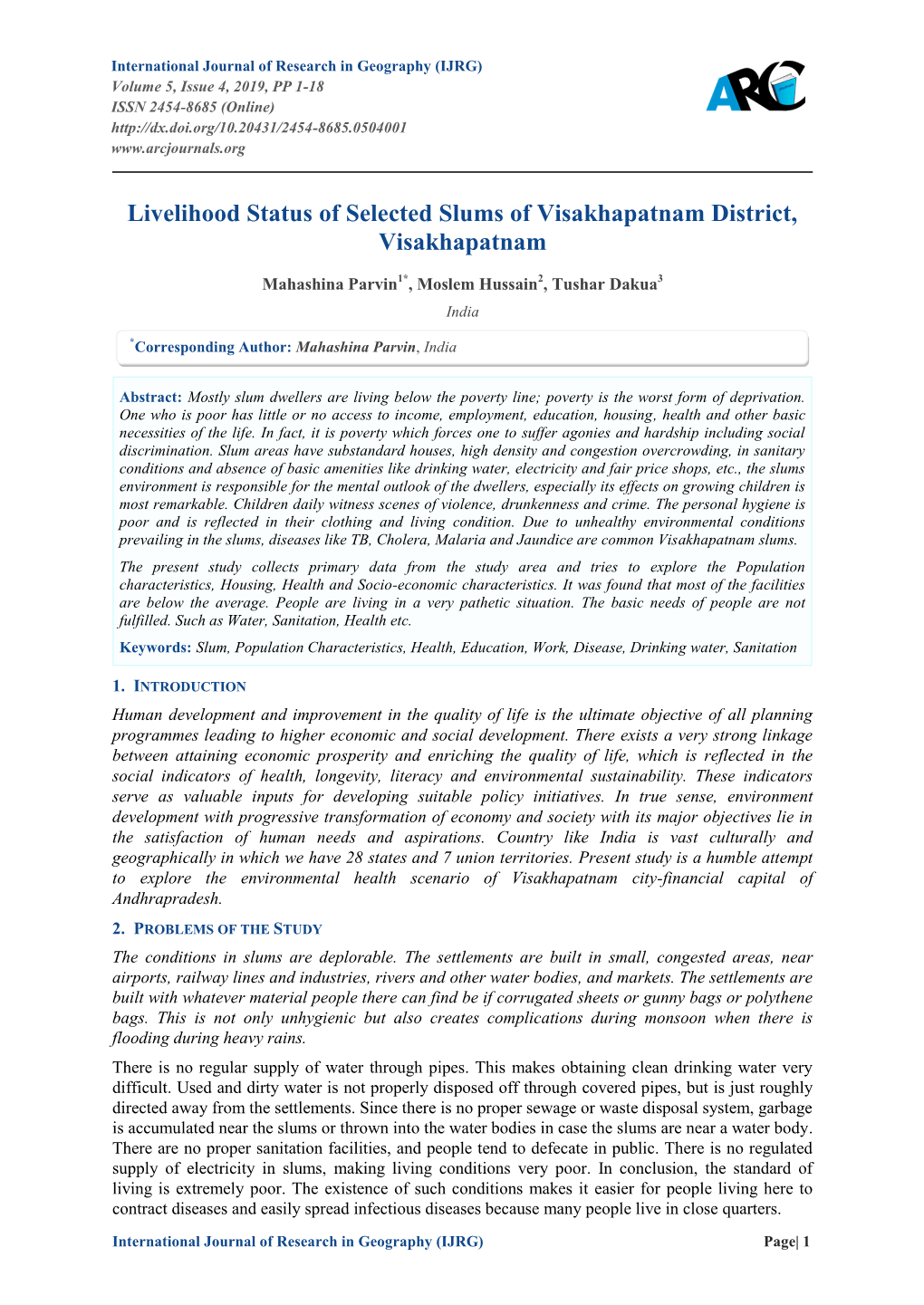 Livelihood Status of Selected Slums of Visakhapatnam District, Visakhapatnam