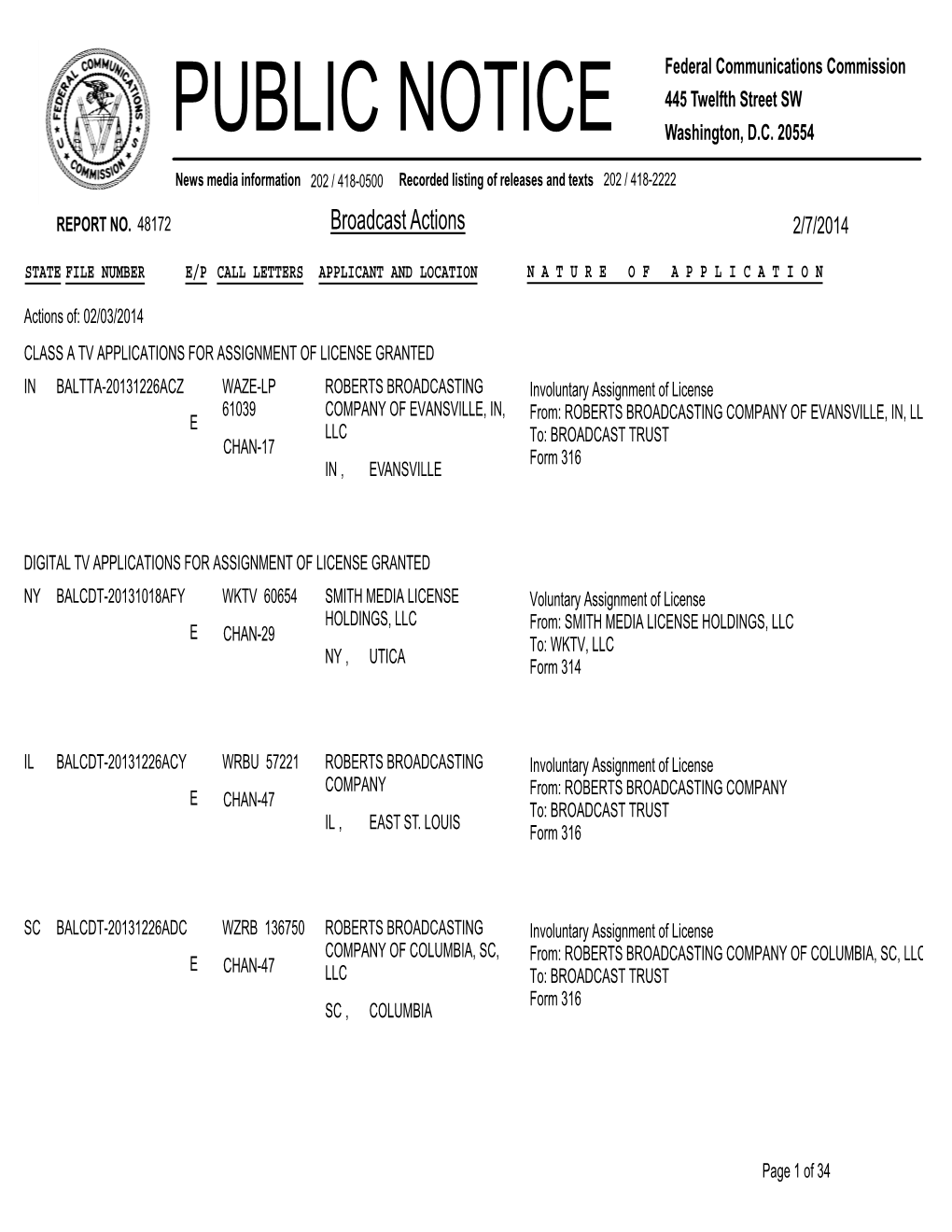 Broadcast Actions 2/7/2014