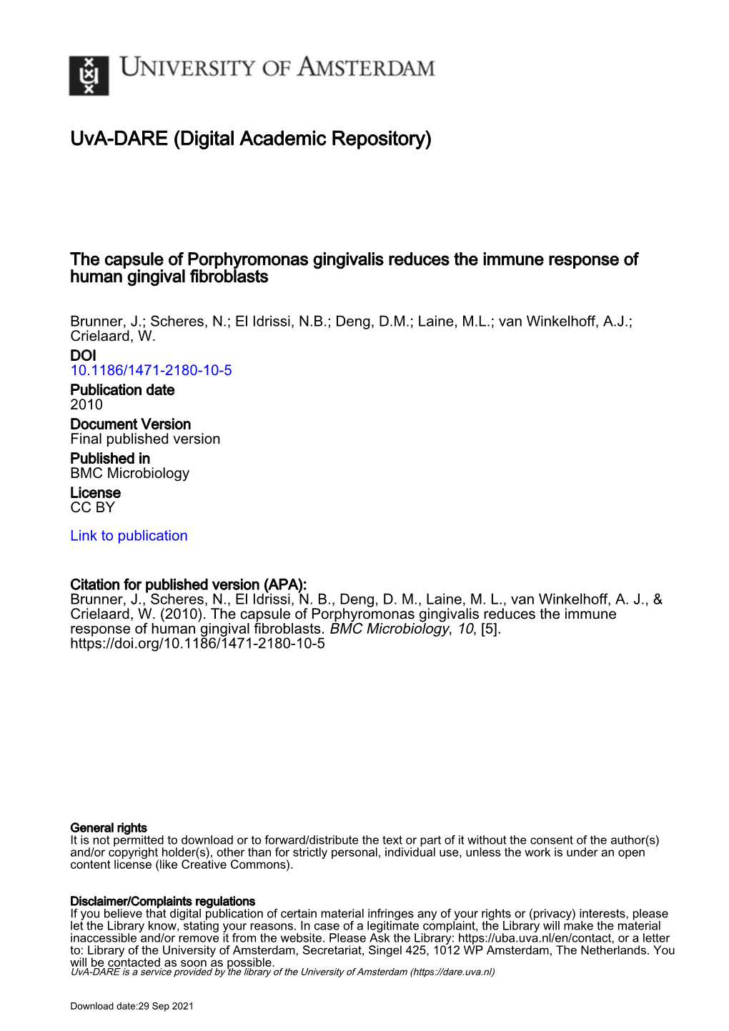 The Capsule of Porphyromonas Gingivalis Reduces the Immune Response of Human Gingival Fibroblasts