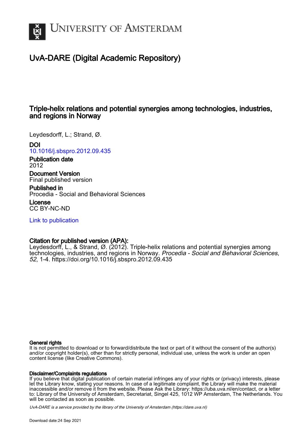 Triple-Helix Relations and Potential Synergies Among Technologies, Industries, and Regions in Norway