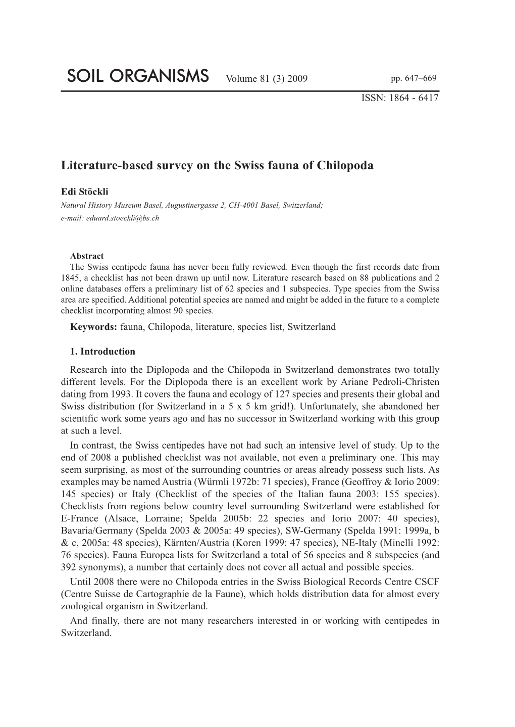 Literature-Based Survey on the Swiss Fauna of Chilopoda