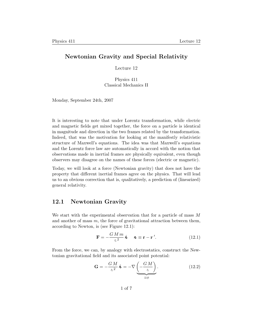 Newtonian Gravity and Special Relativity 12.1 Newtonian Gravity