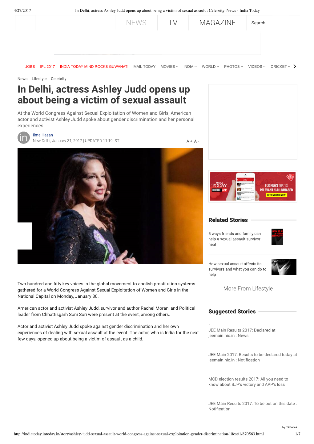 In Delhi, Actress Ashley Judd Opens up About Being a Victim of Sexual Assault : Celebrity, News - India Today