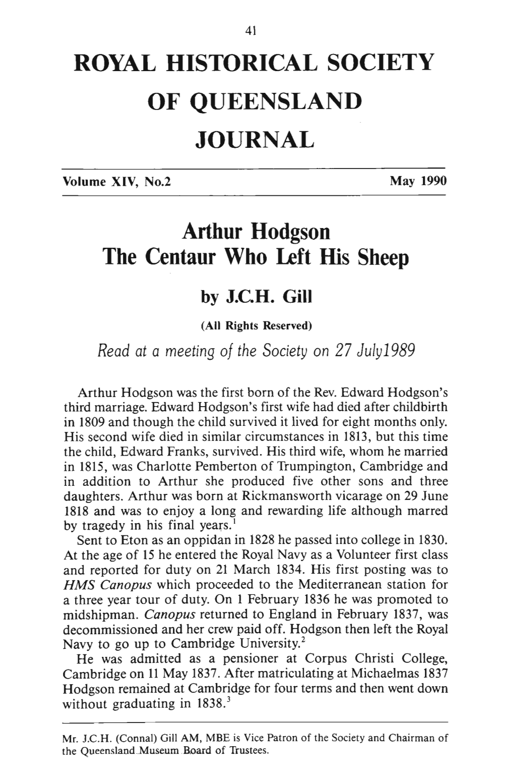 ROYAL HISTORICAL SOCIETY of QUEENSLAND JOURNAL Arthur