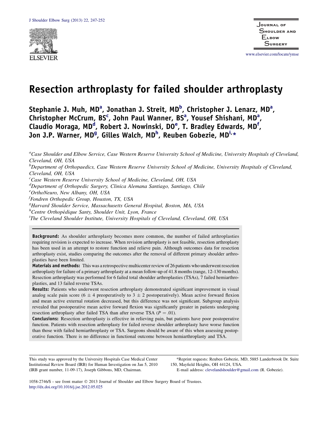 Resection Arthroplasty for Failed Shoulder Arthroplasty