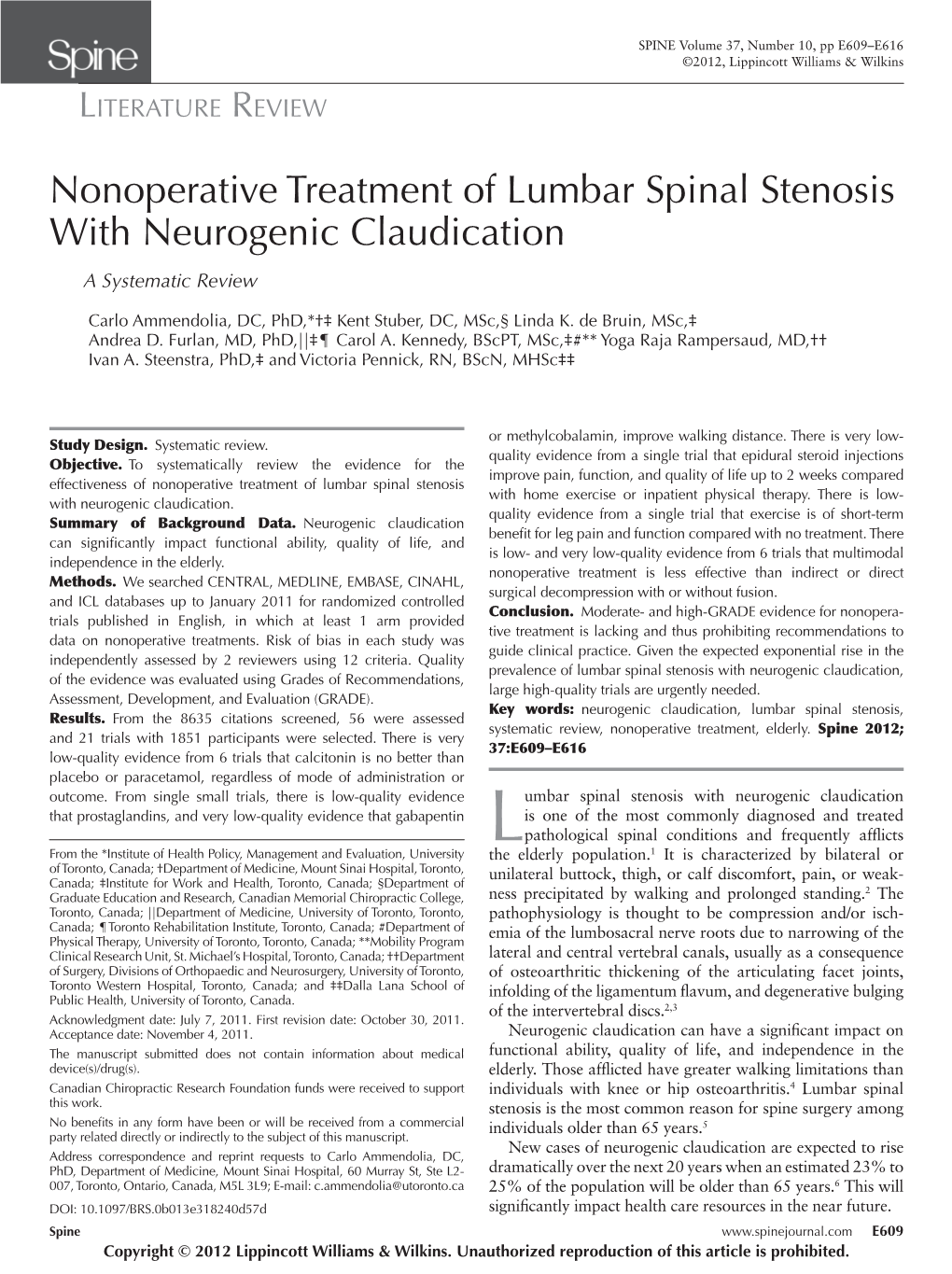 Nonoperative Treatment of Lumbar Spinal Stenosis with Neurogenic Claudication a Systematic Review