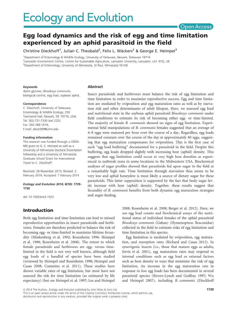 Egg Load Dynamics and the Risk of Egg and Time Limitation Experienced by an Aphid Parasitoid in the ﬁeld Christine Dieckhoff1, Julian C