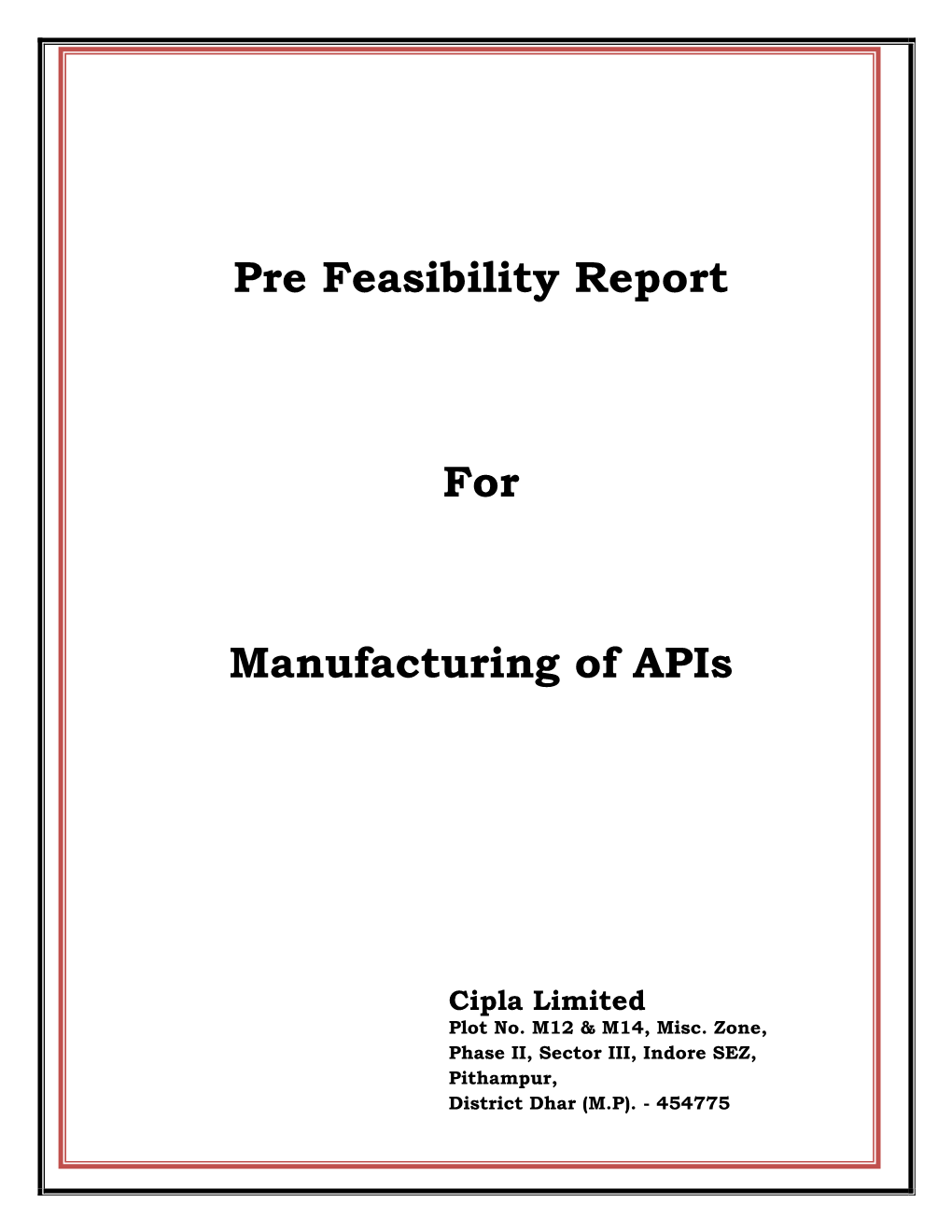 Pre Feasibility Report for Manufacturing of Apis